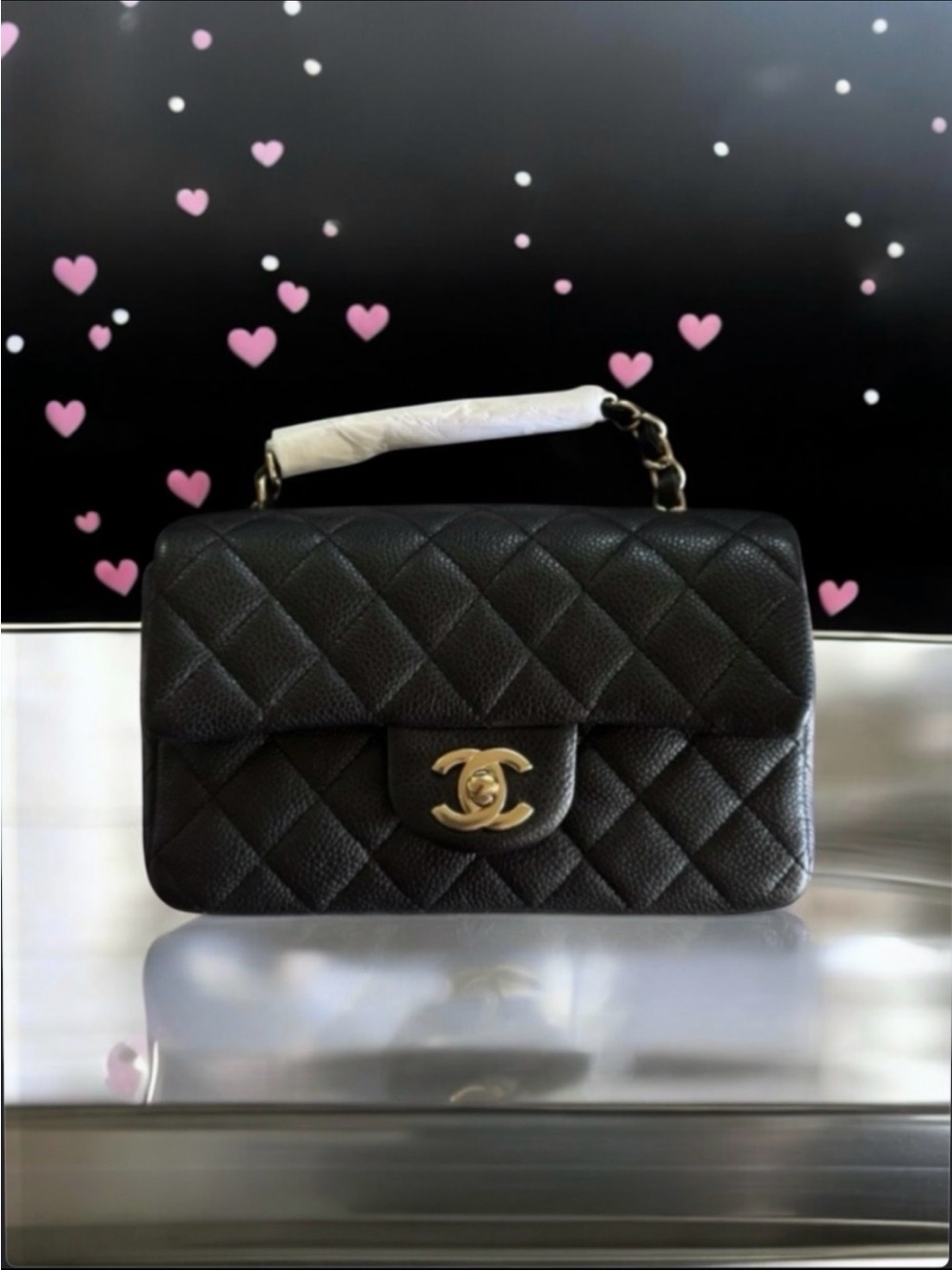 💞CHANEL BLACK CAVIAR Rectangular Mini Single Flap Aged Gold-Tone Hardware RARE!